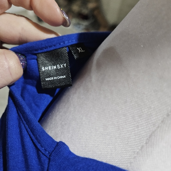 SheinSXY EUC+ Royal Blue Slit Sexy Maxi Deep V Low Cut Long Sleeve Dress Sz XL - Picture 3 of 4